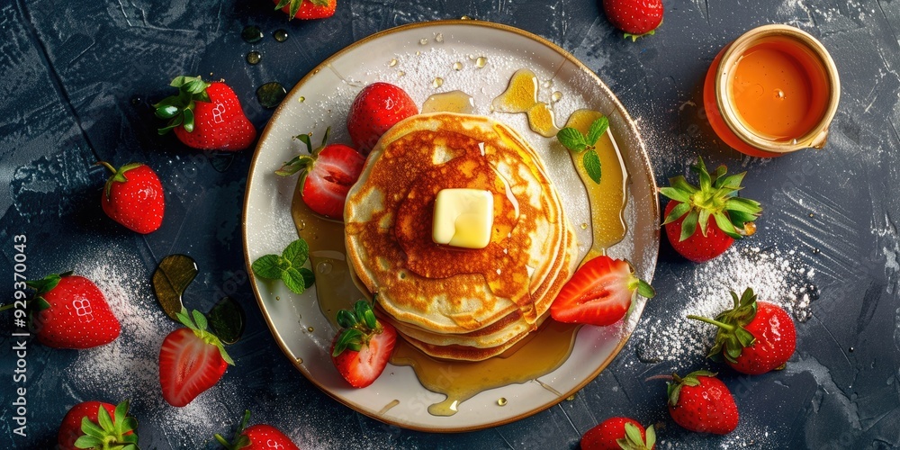 Poster flat lay composition of pancakes topped with butter fresh strawberries and drizzled with honey captu