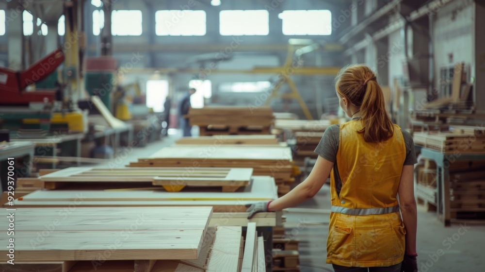 Poster a woman in a yellow apron is working on an assembly line in a factory