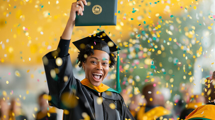 A proud graduate joyfully holds their diploma high in a shower of confetti, embodying the uplifting spirit of achievement during vibrant graduation celebrations