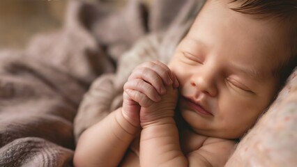 Heartwarming Close-Up of a Peacefully Sleeping Newborn Baby Holding Hands in a Cozy Blanket