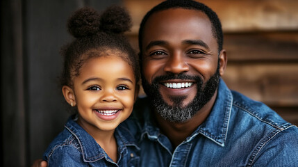 A man and his young daughter smile warmly, embracing each other with happiness in a natural outdoor setting
