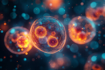Fototapeta premium glowing cells with orange and blue hues, floating in a dark, abstract space, showing cellular structures and vibrant colors
