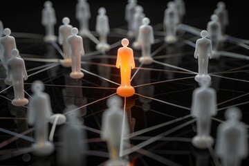 Conceptual Illustration of Network with Glowing Central Figure. This image showcases a network structure. It has a modern digital style. Ideal for concepts like leadership, connectivity, and community