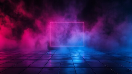 Glowing neon square frame in a smoky room with pink and blue lighting.