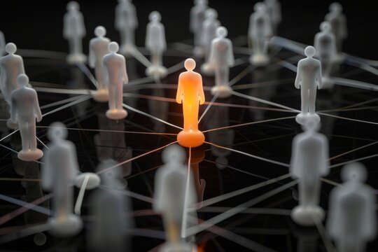 Conceptual Illustration of Network with Glowing Central Figure. This image showcases a network structure. It has a modern digital style. Ideal for concepts like leadership, connectivity, and community
