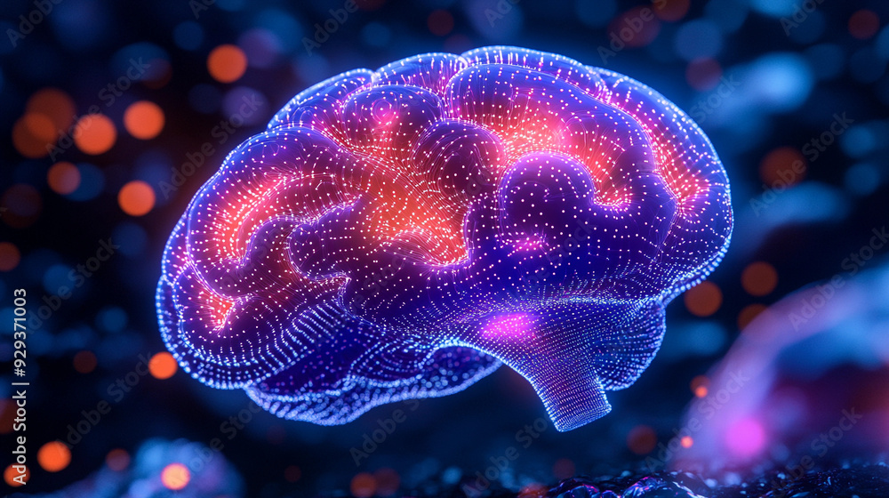 Poster a colorful brain visualization illuminated in neon hues, surrounded by a mesmerizing backdrop of spa