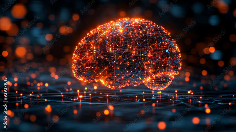 Poster the brain is illuminated with glowing nodes, showcasing a digital network in a dark background, emph