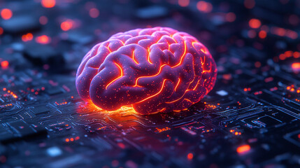 A luminous, pink brain sits on a dark circuit board, radiating bright orange and purple hues amidst a tech-inspired background