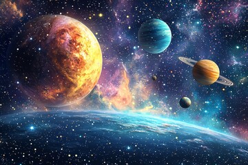 Obraz premium Space cosmic illustration with planets scene created with Generative AI