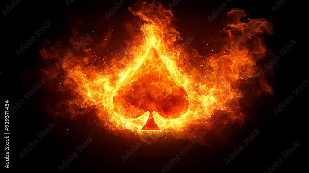 Poster a symbolic spade shape emerges from vibrant flames, creating a striking visual against a dark backdr