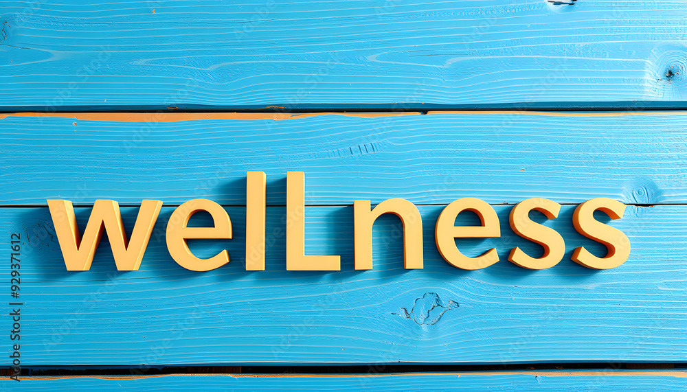 Wall mural wellness text on a blue wooden table isolated with white highlights, png