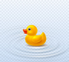 Duck with water ripple effect isolated on transparent background. Yellow bath baby rubber toy. Vector 3d bathtub kid game element template