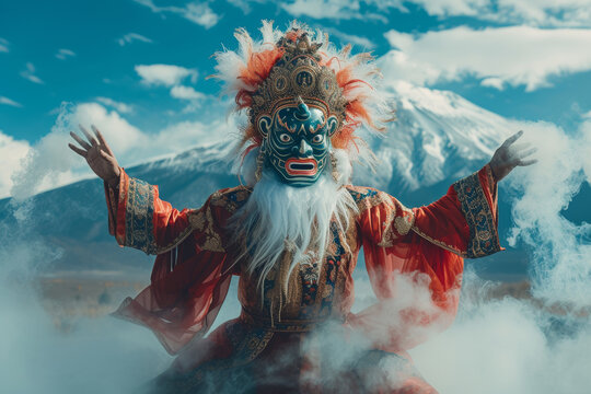 Tibetan masked dancer performing traditional ritual Cham dance in mountains