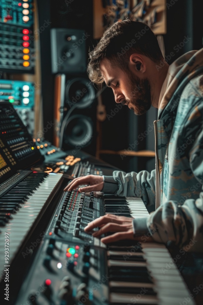 Poster Man playing keyboard in a professional recording studio setting