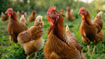 Fototapeta premium A group of chickens standing on top of a lush green field, suitable for farm or nature-themed images