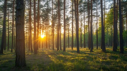 Fototapeta premium Golden sunlight streams through tall pine trees in a forest, illuminating the green undergrowth and creating a magical atmosphere.