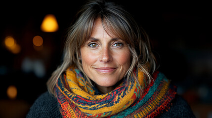 A woman with long hair smiles warmly while wearing a colorful scarf, surrounded by a softly lit indoor atmosphere