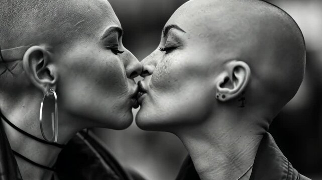 Two women with shaved heads lean in for a gentle kiss, capturing a moment of affection against a lively city backdrop