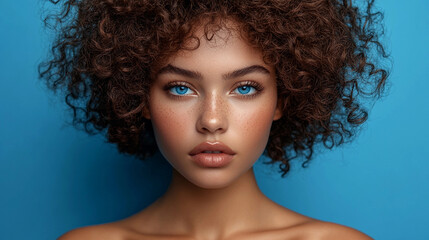 Fototapeta premium A young woman showcases her curly hair and bright blue eyes while posing confidently against a vibrant blue backdrop in a creative studio