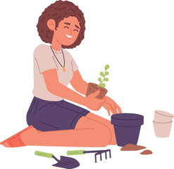 Woman planting flower in soil pot color icon