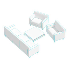 3D wireframe blueprint of a modern living room furniture set, featuring a sofa, armchairs, and coffee table with a minimalist design. 3d rendering