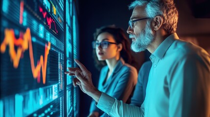 Fototapeta premium Senior tech workers closely analyze server performance data displayed on screens