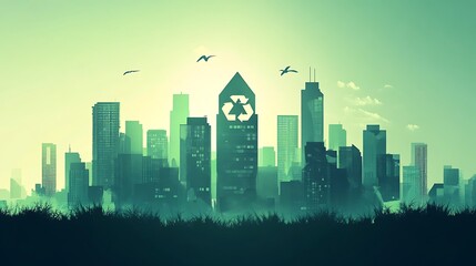 Obraz premium Green city skyline with a recycling symbol on a building.
