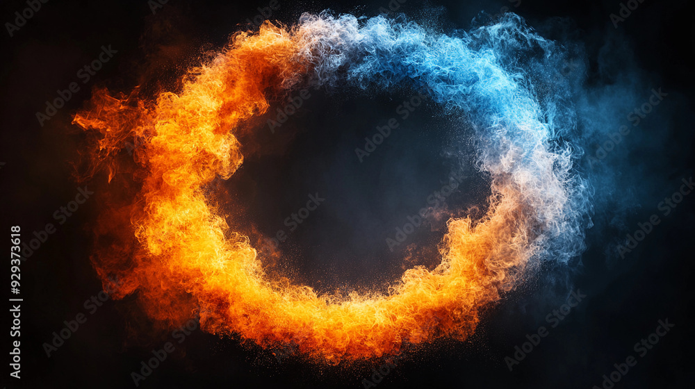 Poster flames of orange and blue swirl together in a circular formation, creating a mesmerizing display aga