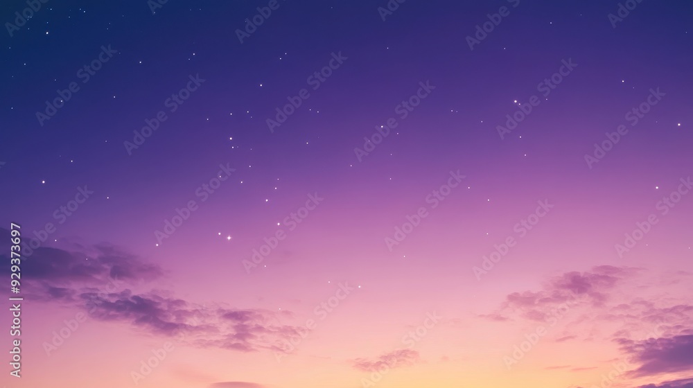 Poster a serene twilight sky filled with stars and soft clouds, creating a tranquil atmosphere.