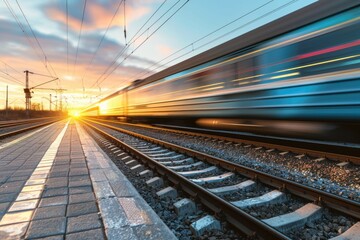 Fototapeta premium Train on the move, next to a station platform