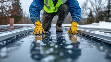 A worker kneels on a rooftop, addressing water accumulation and snow, wearing gloves and a high-visibility vest during cold weather