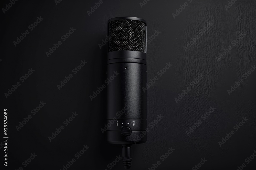 Poster a close-up shot of a microphone sitting on a black background, ready to capture sound