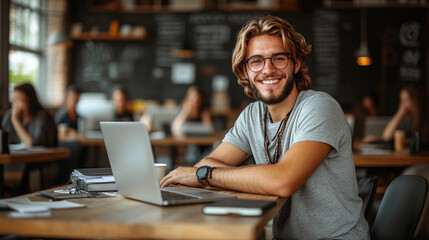 Fototapeta premium A young man sits at a café table, smiling at the camera while using his laptop, surrounded by other patrons engaged in work and conversation