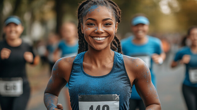 A joyful young woman participates in a marathon, racing alongside other enthusiastic runners in a vibrant park atmosphere