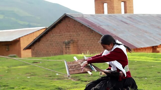 Mujer peruana campesina atractiva  trabajando en la producci&oacute;n tradicional de tejido de manta lana hecha a mano.Cercano al tejido en Per&uacute;.