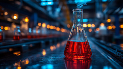 A glass flask filled with red liquid emits vapor, set against a backdrop of illuminated laboratory equipment