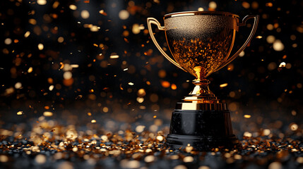 A gleaming trophy stands prominently as golden confetti falls, creating a joyful atmosphere for a celebration or award event