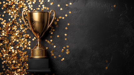 A gold trophy is elegantly showcased on a textured black background, scattered with shimmering confetti, perfect for a festive occasion