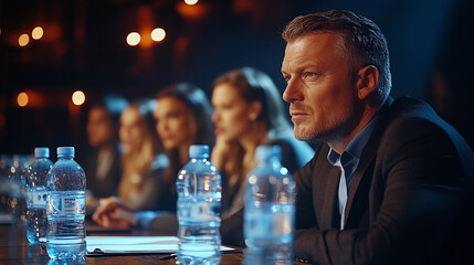 Judges attentively evaluate performances as contestants showcase their talents in a lively competition atmosphere