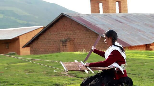 Mujer peruana campesina atractiva  trabajando en la producci&oacute;n tradicional de tejido de manta lana hecha a mano.Cercano al tejido en Per&uacute;.
