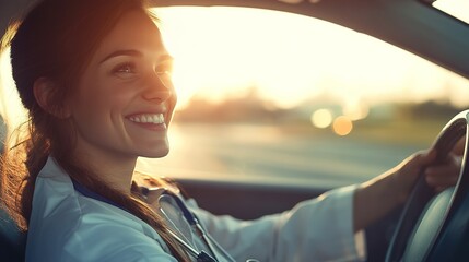 A happy nurse in her scrubs driving home from work, with the sun setting in the background and a smile on her face