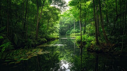 A serene view of a lush green forest reflecting in calm waters.