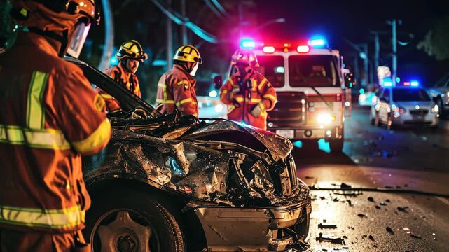 Emergency personnel work diligently at night to secure a car crash site, ensuring safety while attending to the wreckage and directing traffic