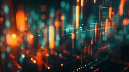 A stylized representation of stock market data with glowing orange and teal candlestick charts