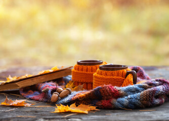 cups of coffee or tea in a knitted covers on a wooden table in the autumn forest. An old book and a knitted scarf. The concept of the autumn season and outdoor recreation.