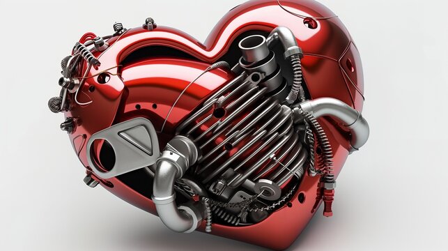 A metallic heart design combining elements of machinery and art.