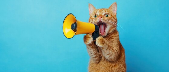 Fototapeta premium A ginger cat yelling into a yellow megaphone