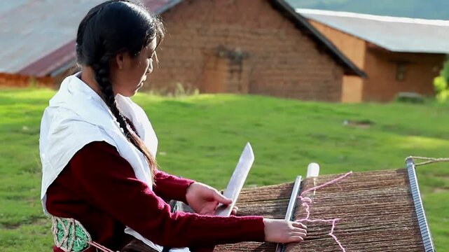 Mujer peruana campesina atractiva  trabajando en la producci&oacute;n tradicional de tejido de manta lana hecha a mano.Cercano al tejido en Per&uacute;.