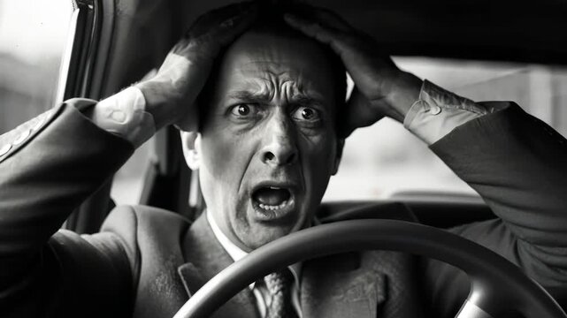 A driver battles overwhelming anxiety as he grips the steering wheel, his face a mask of terror, navigating an eerie, fog-shrouded road