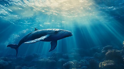 Fototapeta premium Humpback whale swimming through a sunlit coral reef.